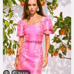 COHEN SKIRTED ROMPER, SUNKISSED PINK BREEZY PALM ENGINEERED ROMPER